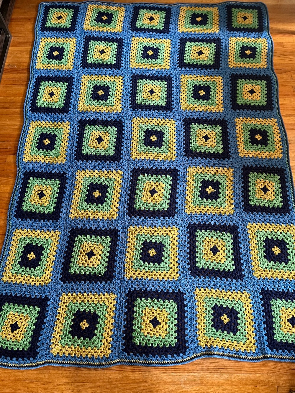 Vintage Handmade Crochet Afghan Blanket in Blue, Green, Yellow, Navy 48 x 72